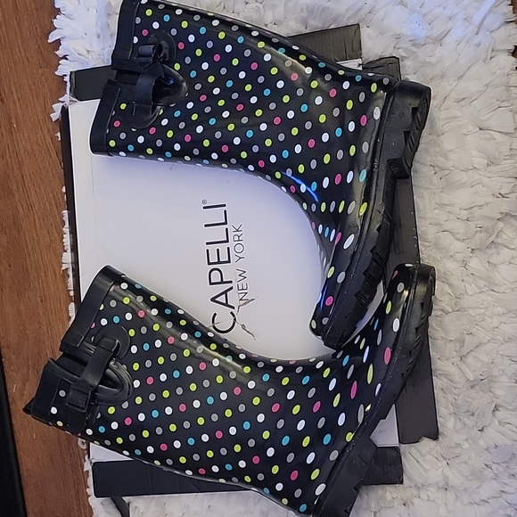 Capelli New York black shiny small multi polka dot tall rubber rain boot…10 NEW - Picture 1 of 8